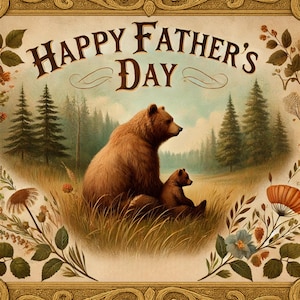 Cartello vintage con orso per la festa del papà, stampa digitale, rustico, foresta, fauna selvatica, carta da parati stampabile per papà, scena di animali della natura, download immediato