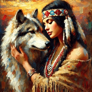 May include: A woman with long dark hair wearing a beaded necklace and a feathered headband is holding a white wolf. The woman has a soft expression and is looking at the wolf. The wolf is looking at the viewer. The background is a blurred painting of a sunset.