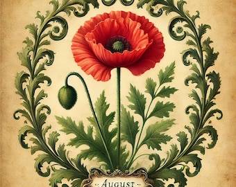 Impresión de amapola, flor de nacimiento de agosto: Arte botánico vintage (descarga digital)