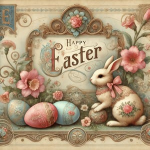 Vintage Easter Bunny Digital Print Victorian Easter Sign Floral Easter Eggs Wall Art Antique Holiday Wall Décor Shabby Chic Easter Print