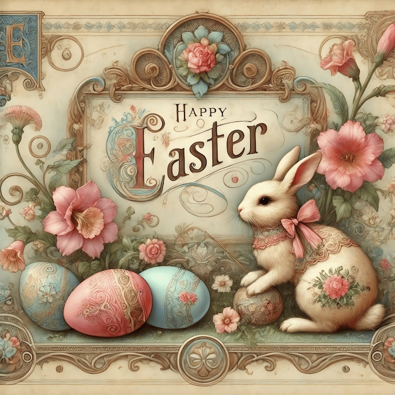 May include: A vintage-style Easter card with a white rabbit wearing a pink bow and holding an egg. The card features a floral design with pink flowers and green leaves. The text "Happy Easter" is written in a decorative font.
