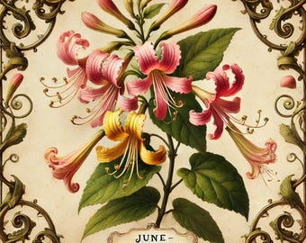 Honeysuckle June Birth Flower Print: Vintage Botanical Art (Digital Download)