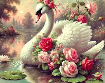 Quadro vintage con cigni e rose: romantica scena floreale sul lago (download digitale)