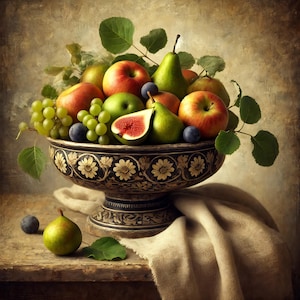 Op de afbeelding: Een decoratieve schaal op voet met een zwart en goudkleurig bloemmotief, gevuld met vers fruit, waaronder rode en groene appels, groene peren, een doorgesneden vijg met een rode binnenkant, groene druiven en kleine donkerpaarse pruimen.