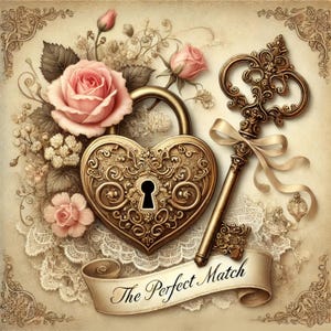 May include: A heart-shaped gold padlock and key with intricate designs, accompanied by pink roses and a banner reading "The Perfect Match." The image has a vintage, romantic aesthetic, with a cream-colored background and lace details.