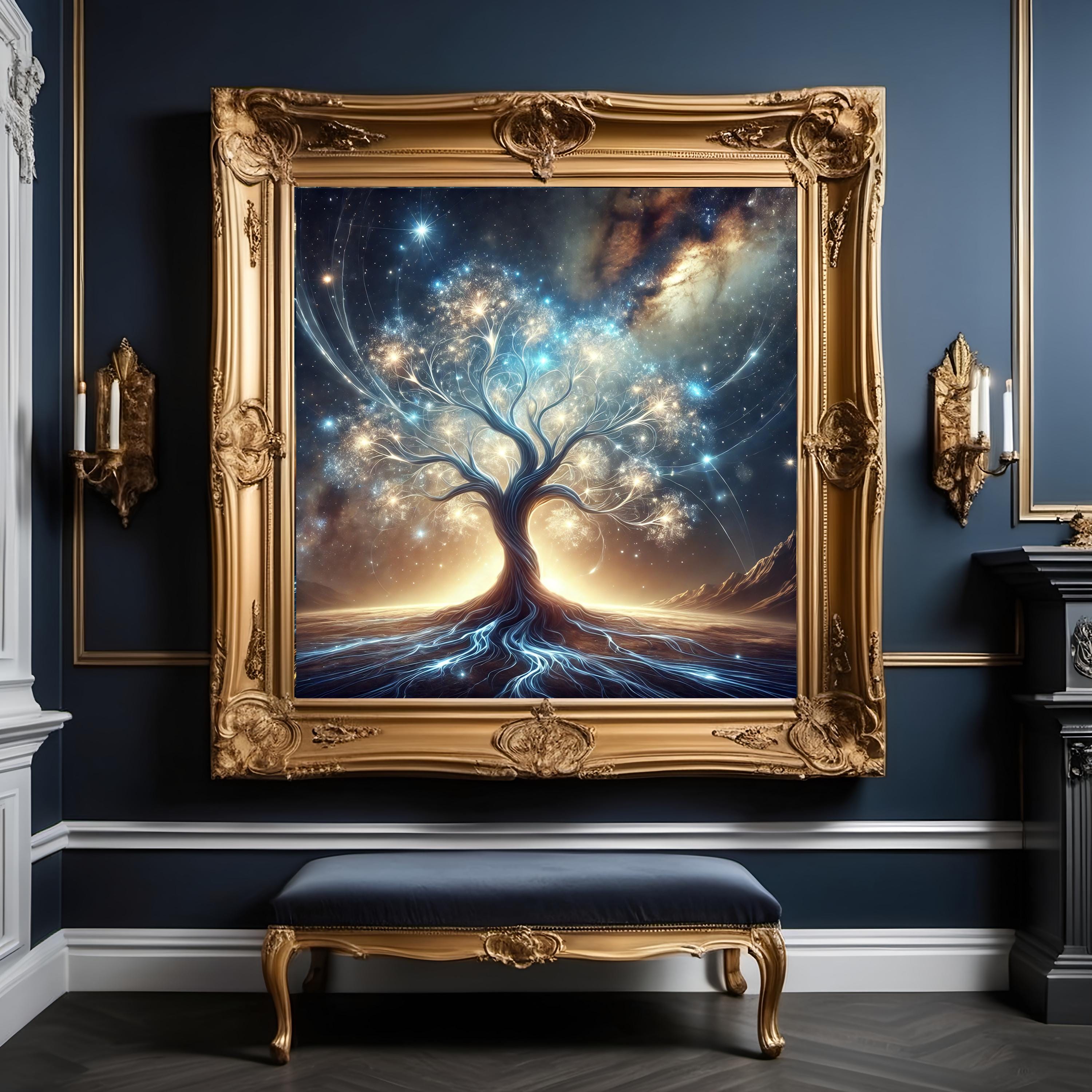 Celestial Tree of Light Print: Mystical Cosmic Artwork (digital