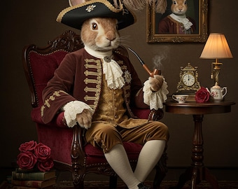 Ritratto di coniglio vittoriano: stampa di un coniglio regale, arte animale elegante (download digitale)