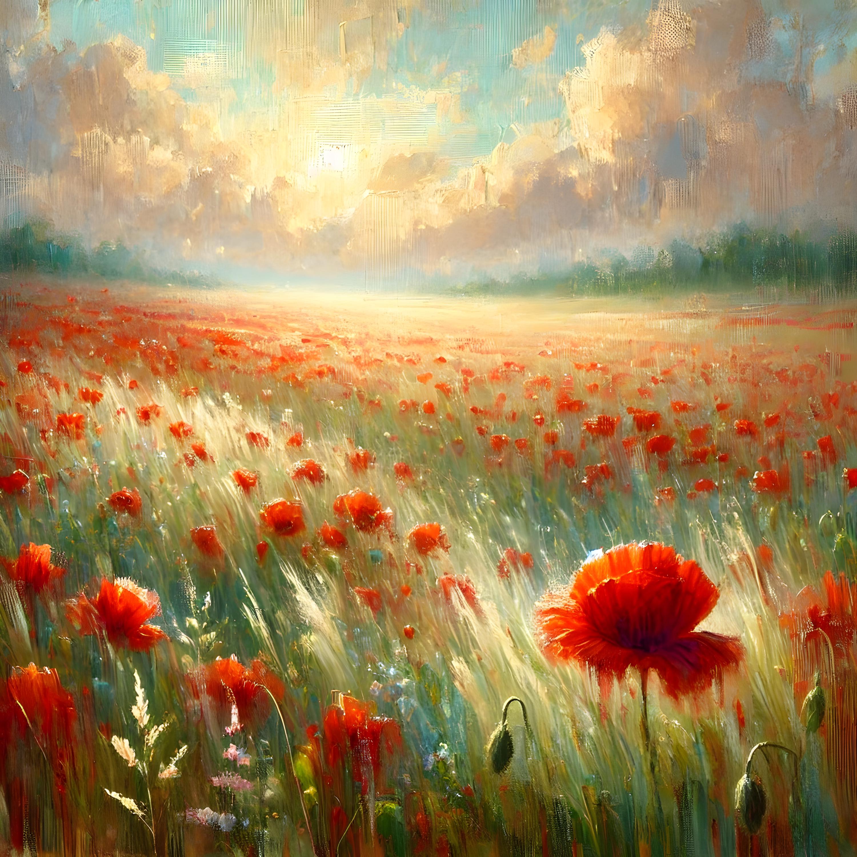 赤いケシ畑のプリント：絵画的な花の風景（デジタルダウンロード