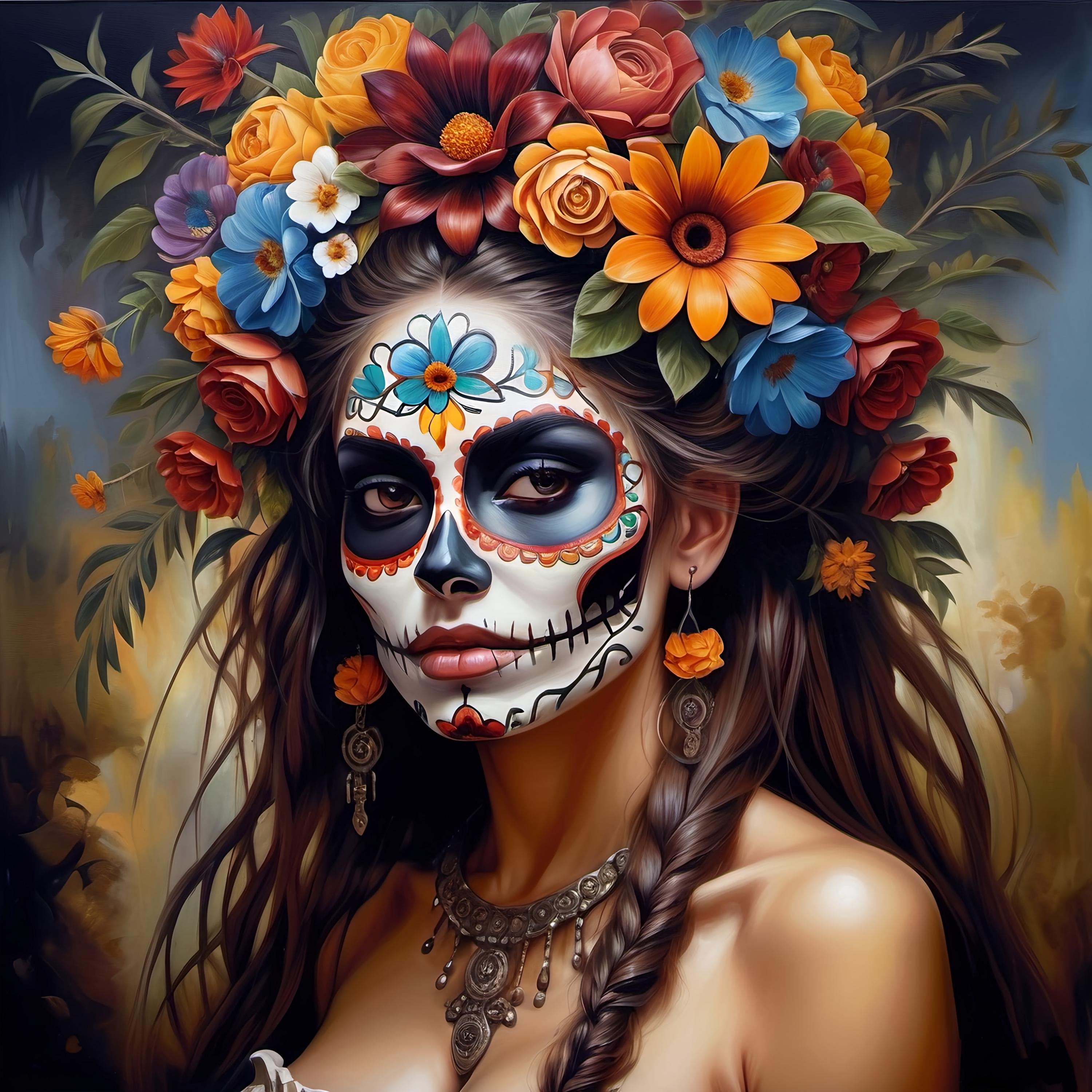 Srliya Bandeau Dia De Los Muertos Halloween – Serre-Tête Fleurs Mexicaines Roses + Collier Bracelet Tatouages Visage – Costume Jour Des Morts Femme