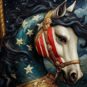 May include: A carousel horse figure featuring a white face with red stripes, a dark blue neck adorned with white stars, and a flowing black mane. The horse is equipped with an ornate gold bridle and harness against a dark, starry night sky background.