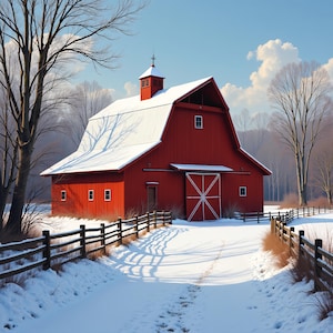 Red Barn in Snow Winter Scene Digital Art Download Rustic Country Farmhouse Decor Cozy Winter Landscape Rural Farm Art Print for Home