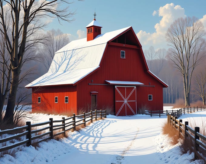 Red Barn Winter Landscape Art: Rustic Farmhouse Print (digital Download ...