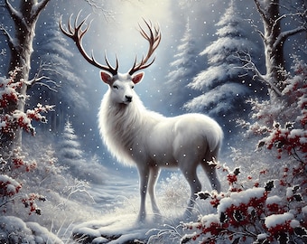 White Stag Winter Forest Print: Christmas Wildlife Art (Digital Download)
