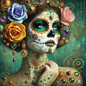 Met juwelen versierde suikerschedelkoningin Art Print: Día de Muertos verguld portret (digitale download)