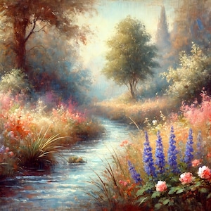 Wildflower Stream Landscape Wall Art Tranquil River Path Digital Print Cottagecore Spring Nature Scene Printable Wall Décor Gift For Her