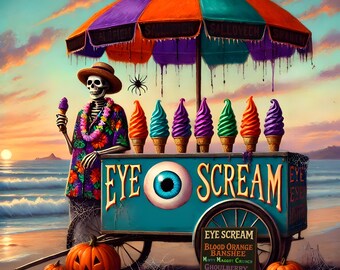 Skeleton Ice Cream Cart Print: Spooky Summerween Beach Art (Digital Download)