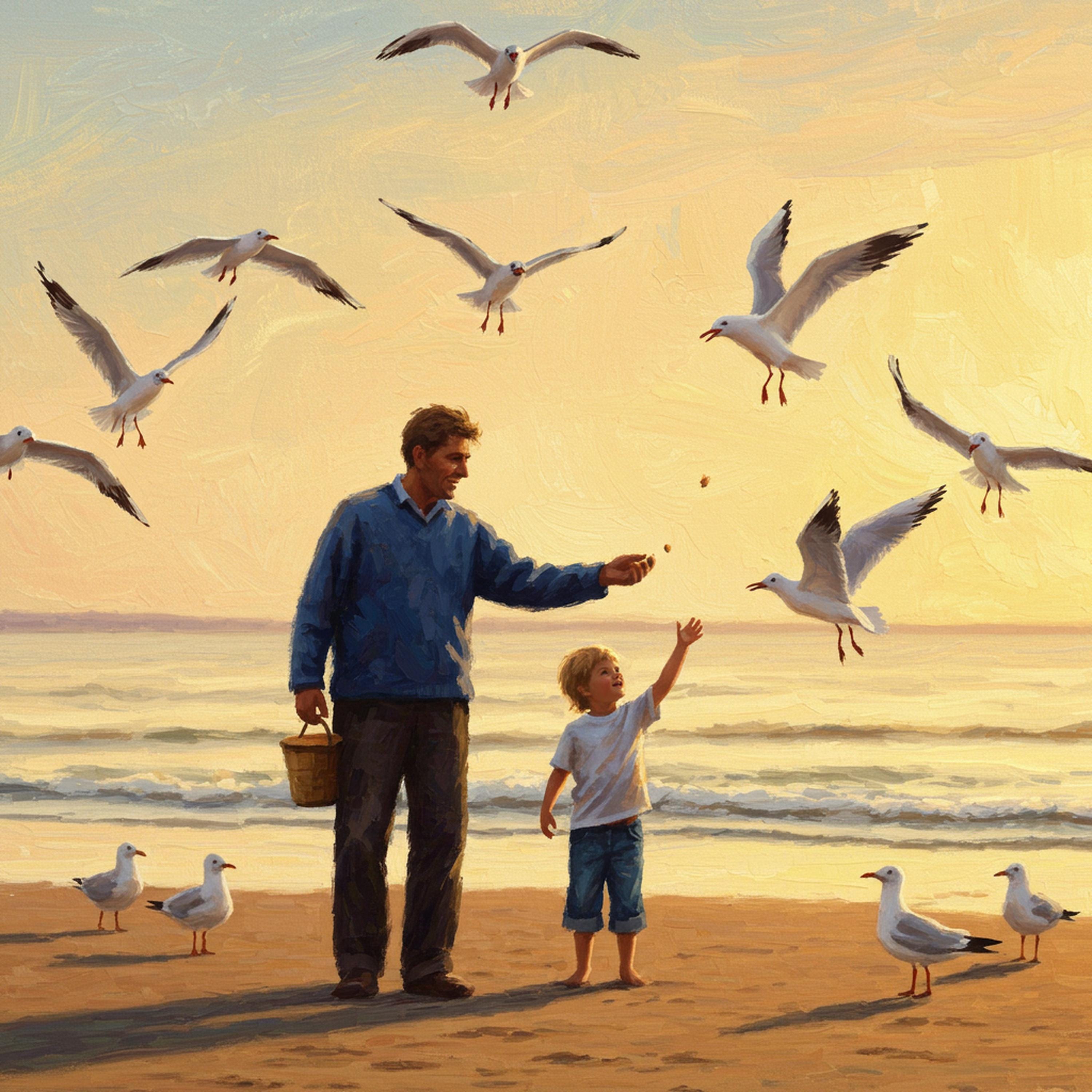 父と子のカモメの絵画：海岸の夕日のアート（デジタルダウンロード、30