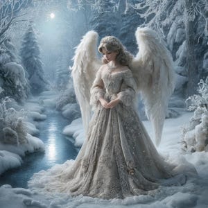 Op de afbeelding: Een figuur met grote witte gevederde vleugels in een vloerlange off-shoulder japon met gedetailleerd kantwerk en een bijpassend hoofddeksel, staand in een besneeuwd boslandschap met een stromende beek onder een heldere maanverlichte lucht.