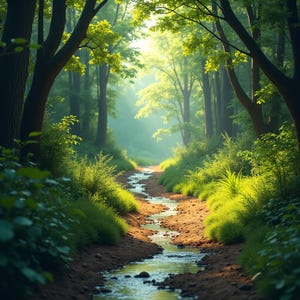 Grüner Waldbach Digitaler Download Serene Natur Wandkunst Ruhige Landschaft mit sonnenbeschienenen Bäumen Digitaldruck Natur Liebhaber Geschenk