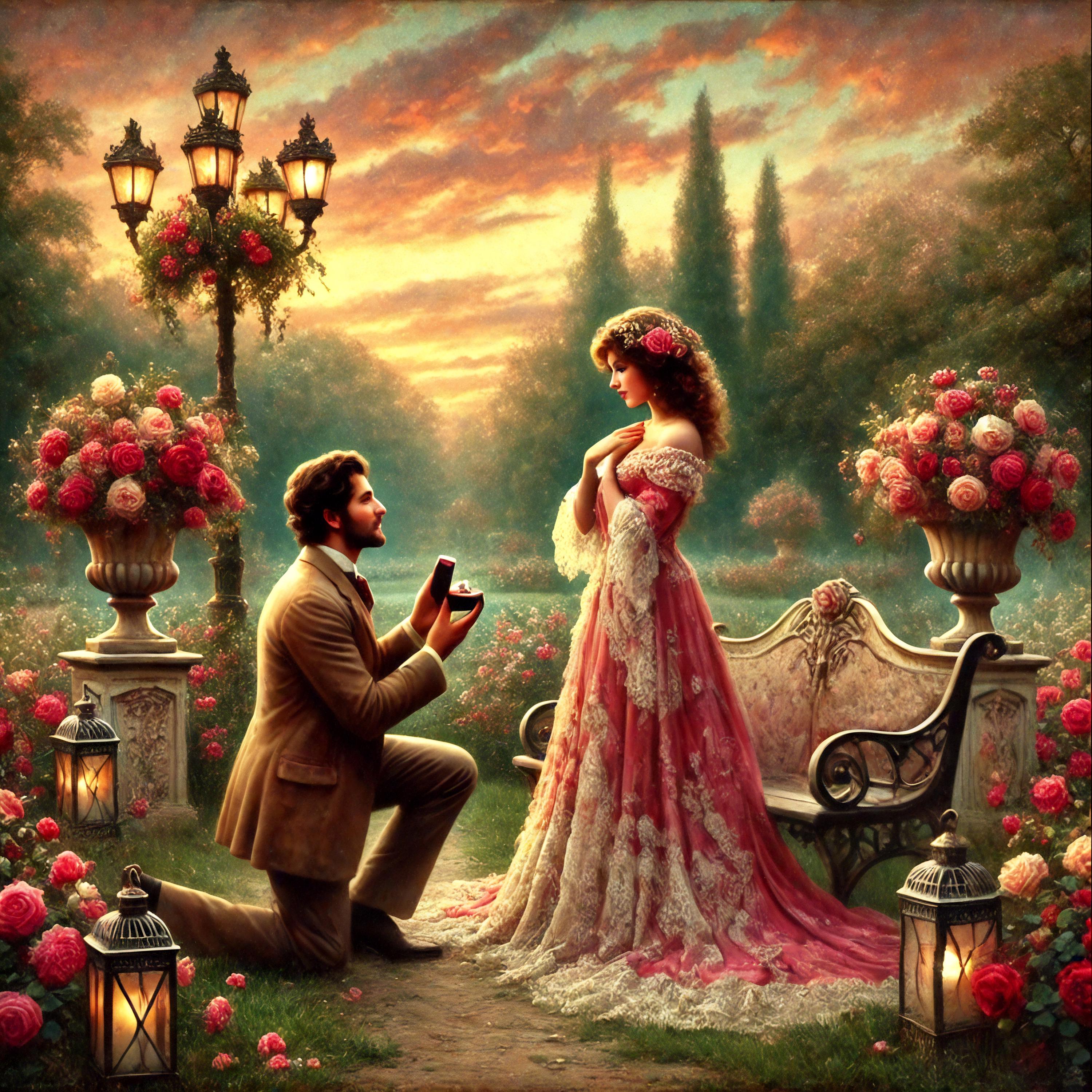 Vintage Romantic Proposal Scene With Roses and Lanterns Digital Print ...