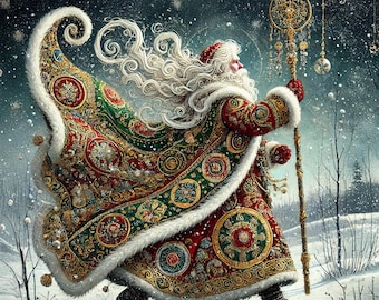 May include: A figure with a long white beard wearing a red and green patterned coat with gold embroidery and white fur trim. The figure holds a tall gold staff with intricate circular details while walking through a snowy landscape.