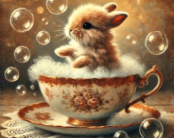 Stampa su tazza da tè con coniglietto vintage: decorazione shabby chic per la cameretta (download digitale)