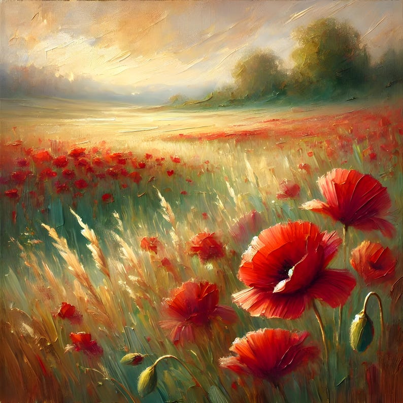 Red Poppy Field Print: Painterly Floral Landscape (digital Download) - Etsy