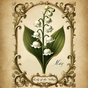May birth flower lily of the valley print vintage botanical art ornate floral wall decor spring digital download birthday gift printable
