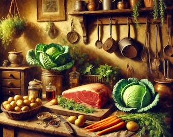Impression de cuisine irlandaise vintage : scène de cuisine de ferme rustique (téléchargement numérique)