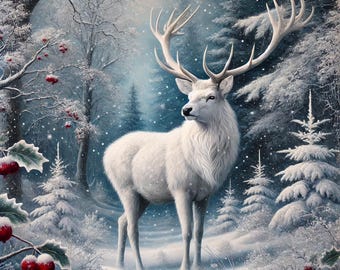 Majestic White Stag Print: Winter Forest Wildlife Art (Digital Download)