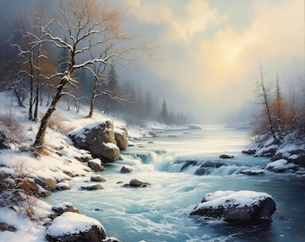 May include: A winter landscape featuring a flowing river with small rapids, surrounded by snow-covered rocks and banks. Bare trees stand on the left side under a cloudy, soft-lit sky, with evergreen trees visible in the misty, distant background.