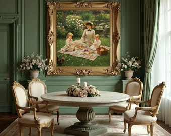 Victorian Family Picnic Painting: Impressionist Garden Scene