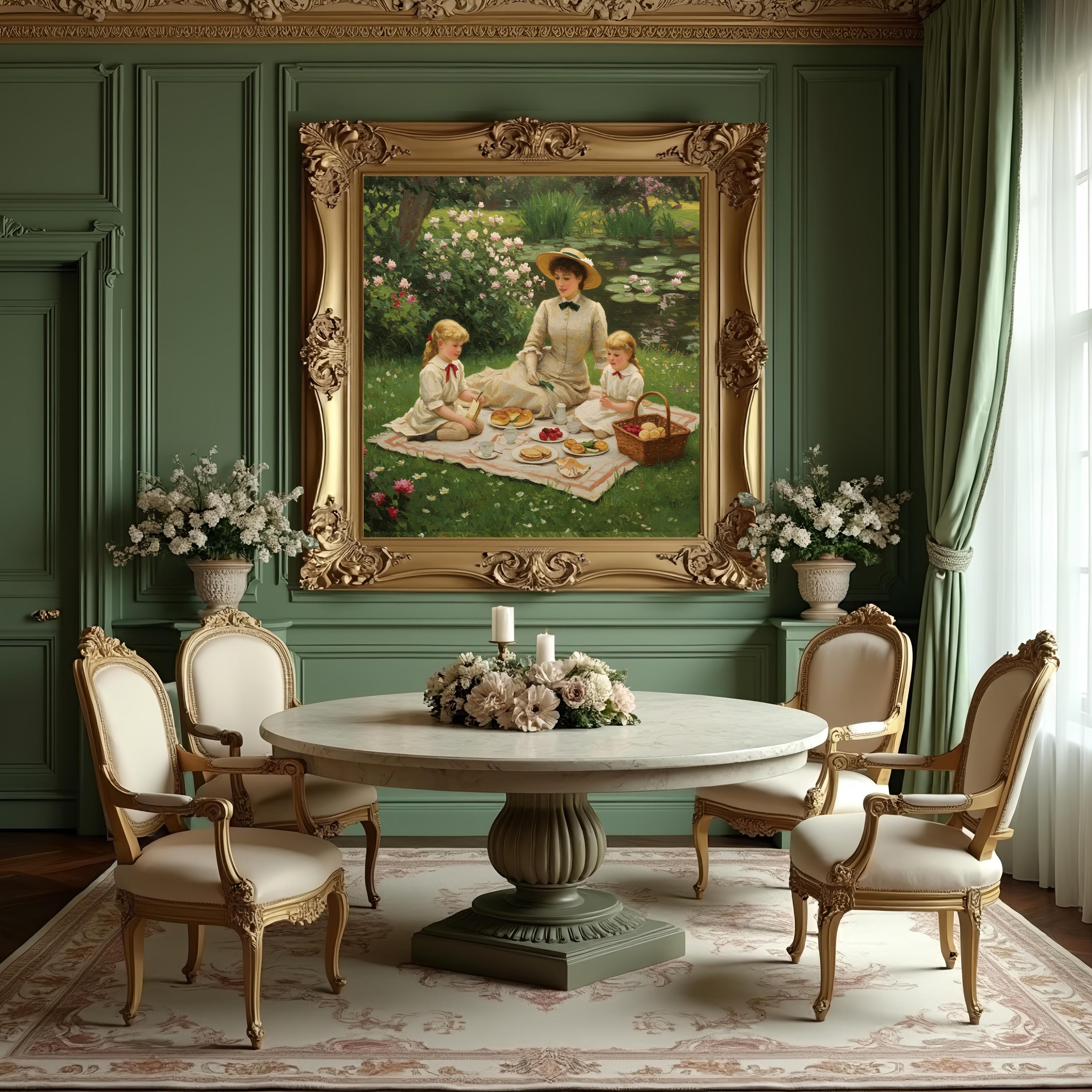Victorian Family Picnic Painting: Impressionist Garden Scene