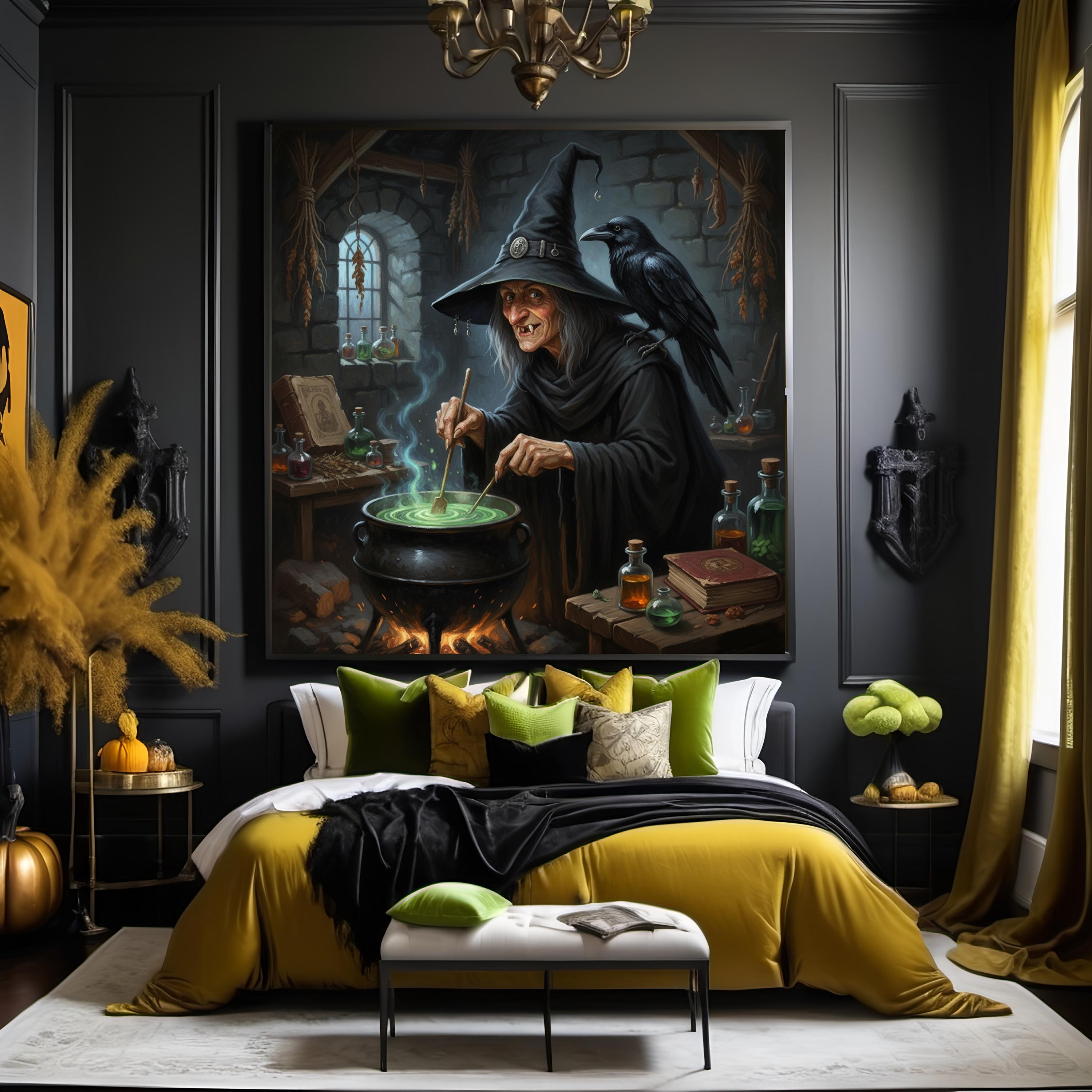 Vintage Witch and Raven Cauldron Art: Gothic Halloween Decor (digital ...