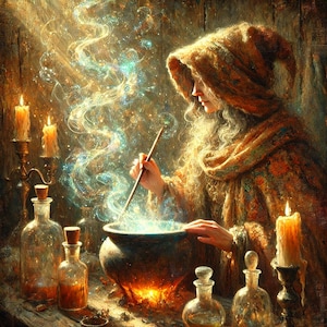 Witch Stirring Magic Cauldron Halloween Wall Art Glowing Candlelight Potion Digital Print Fantasy Witch Decor Spellcraft Artwork Gift