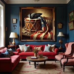 May include: A large framed wall art piece depicting a vintage drum, a tricorn hat, and an American flag draped over a wooden chair. The painting features a dark, warm color palette with gold ornate framing, displayed in a room with blue walls.