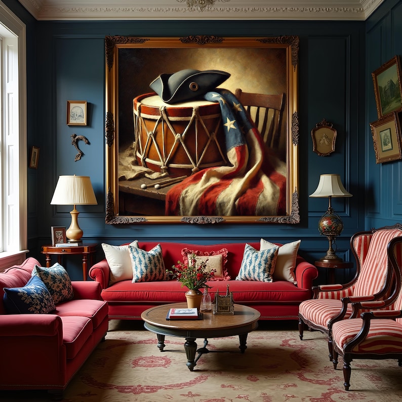 May include: A large framed wall art piece depicting a vintage drum, a tricorn hat, and an American flag draped over a wooden chair. The painting features a dark, warm color palette with gold ornate framing, displayed in a room with blue walls.