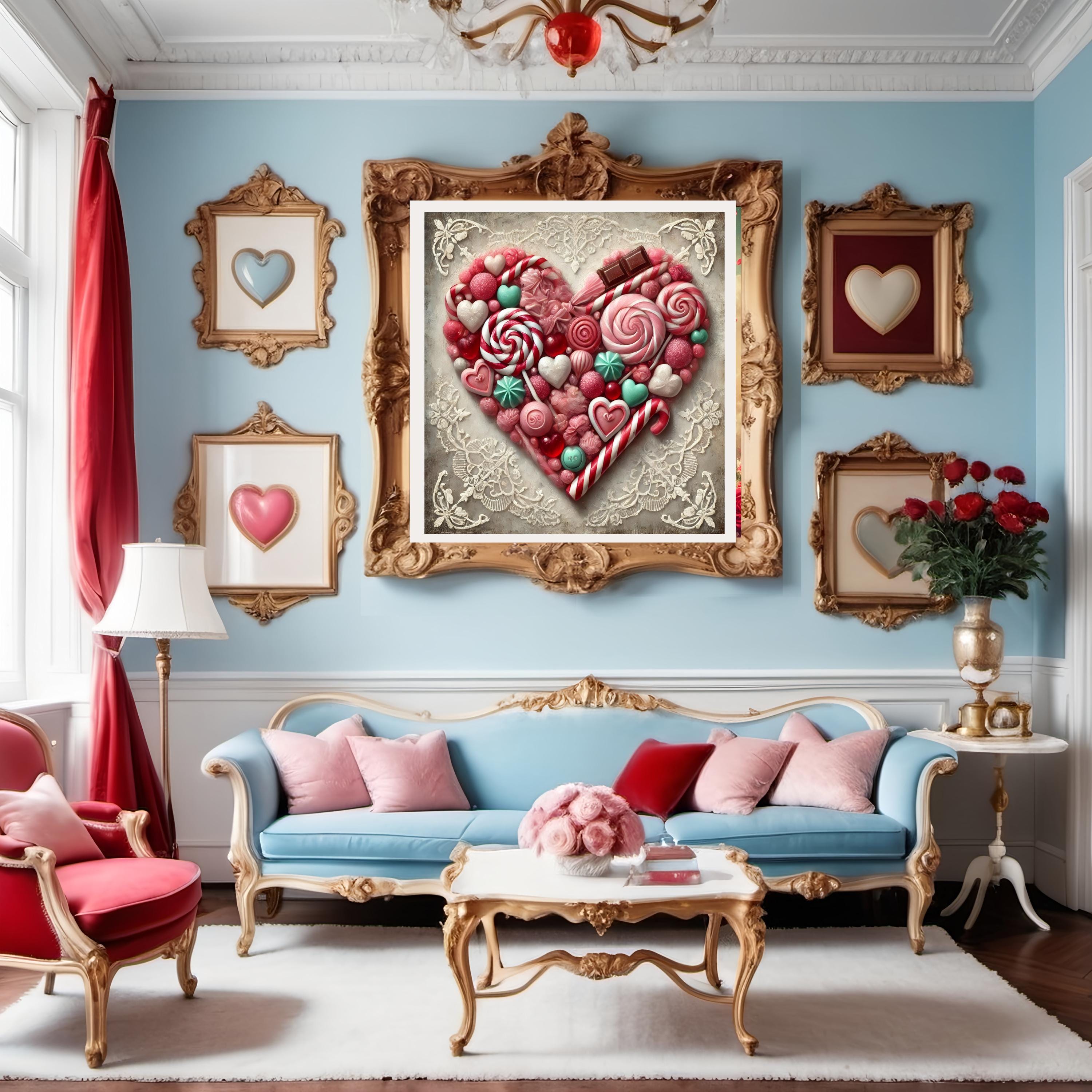 Vintage Candyland Heart Wall Art Whimsical Valentine’s Day Digital