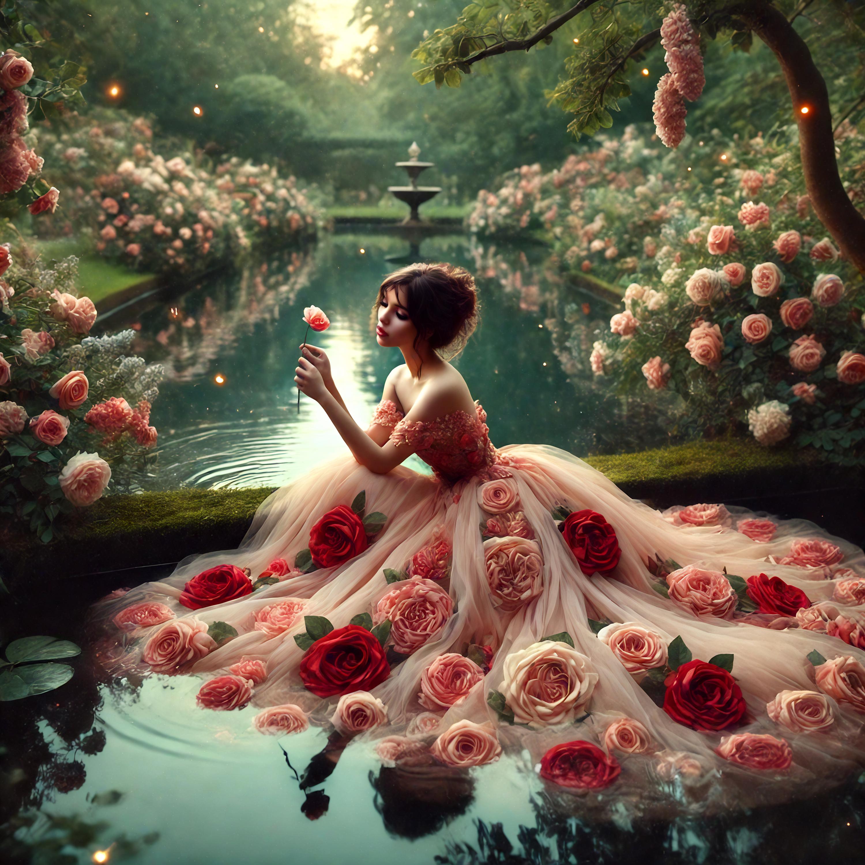 Romantic Roses Reflection Wall Art Rose Gown Digital Print Valentine Gift Idea For Her Ethereal Pond Scene Wall Décor Gift