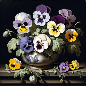Baroque Pansy Bouquet Art Print Vibrant Pansies on Black Background Elegant Floral Wall Art Classic Flower Decor Vintage Botanical Art Gift