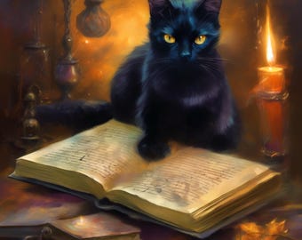 Black Cat Magic Book Art: Witchy Halloween Decor (Digital Download)