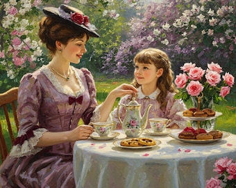 Victorian Mother's Day Tea Party Art Print: Vintage Floral Garden