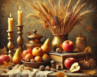 Autumn Still Life Art Print, Vintage Harvest Decor (Digital Download)