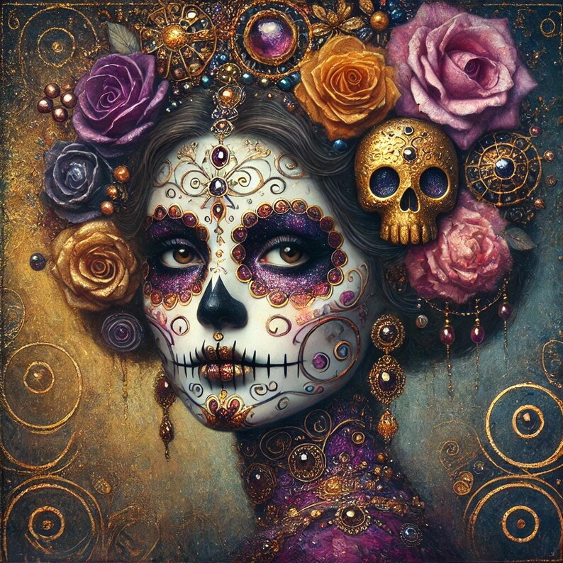 Klimt Sugar Skull Woman Art | Gothic Día De Los Muertos Portrait ...