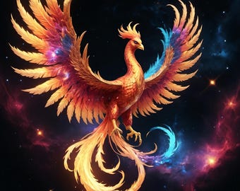 May include: A mythical phoenix bird with expansive wings spread wide, featuring vibrant plumage in shades of orange, yellow, and red, accented with streaks of bright blue, set against a dark cosmic background filled with glowing stars and nebulae.