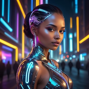 Cyborg Woman Wall Art Cyberpunk City Digital Download Futuristic Sci-Fi Art with Neon Lights and Circuitry Modern Decor for Sci-Fi Lovers