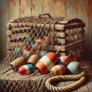 May include: A wooden crate filled with red, white and blue buoys, surrounded by a fishing net and rope. The buoys are arranged in a pile, with some of them spilling out of the crate.