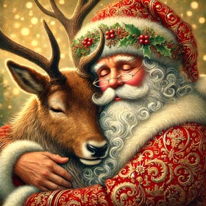 Heartwarming Santa and Reindeer Digital Wall Art Christmas Printable Cozy Holiday Decor North Pole Winter Scene Santa Sleigh Download Gift