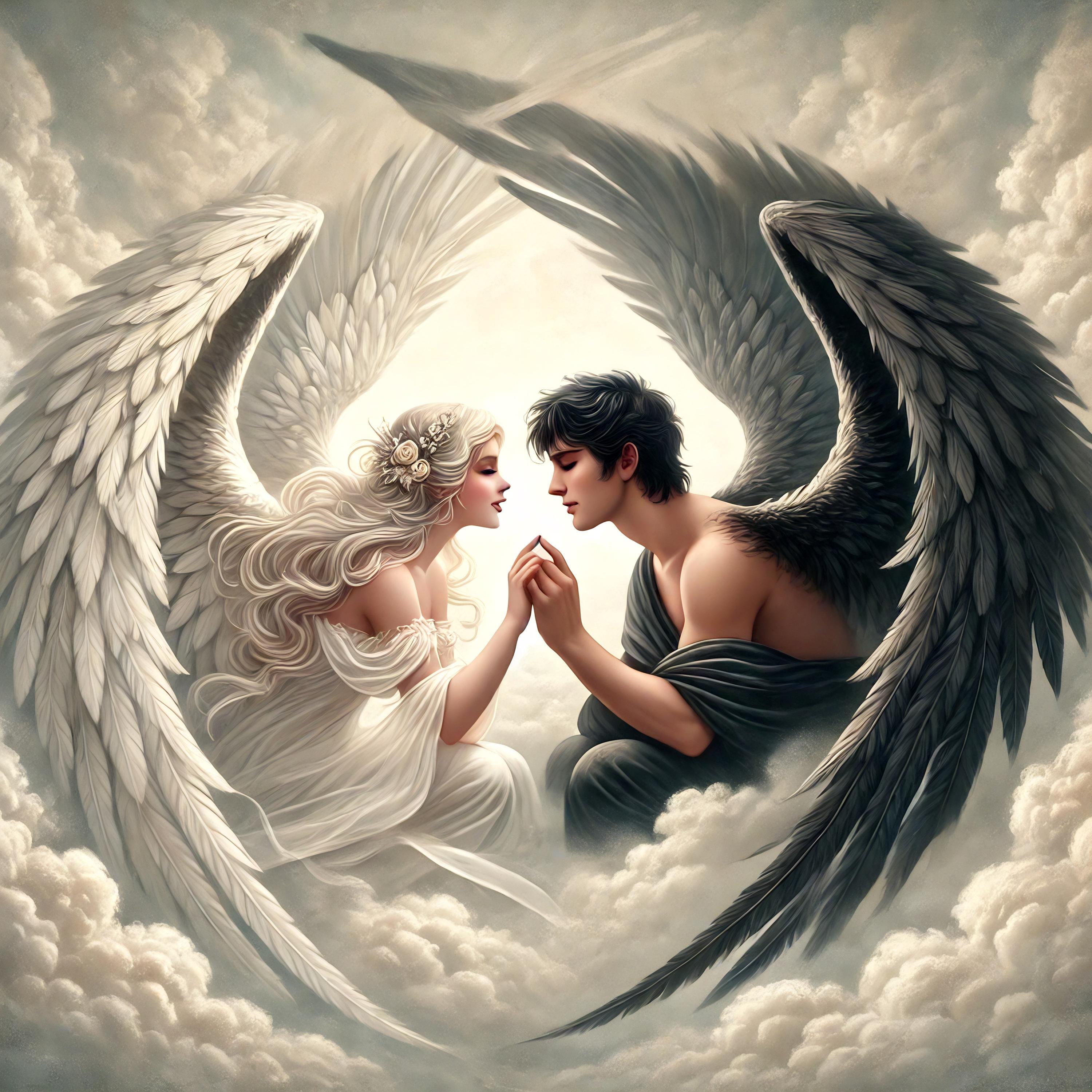 Vintage Angel Art Print: Romantic Light & Dark Angel Love Story