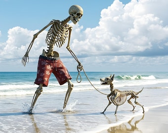 Skeleton Man Walking Dog Beach Print: Funny Gothic Halloween Decor (Digital Download)